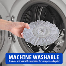 White reusable microfiber mop head held in front of a washing machine drum
