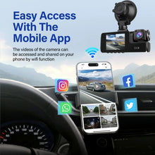 Dash cam with front screen and smartphone display showing sharing icons