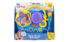 Sing-along boombox with purple speaker and yellow handheld microphone on blue base.