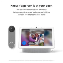 Ash gray video doorbell with connected smart display showing a live view