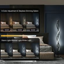 Modern spiral LED floor lamp with curved light bars, set shown in warm and cool lighting