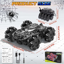 RC stunt car with black cracked pattern and bright blue LED lights with size dimensions