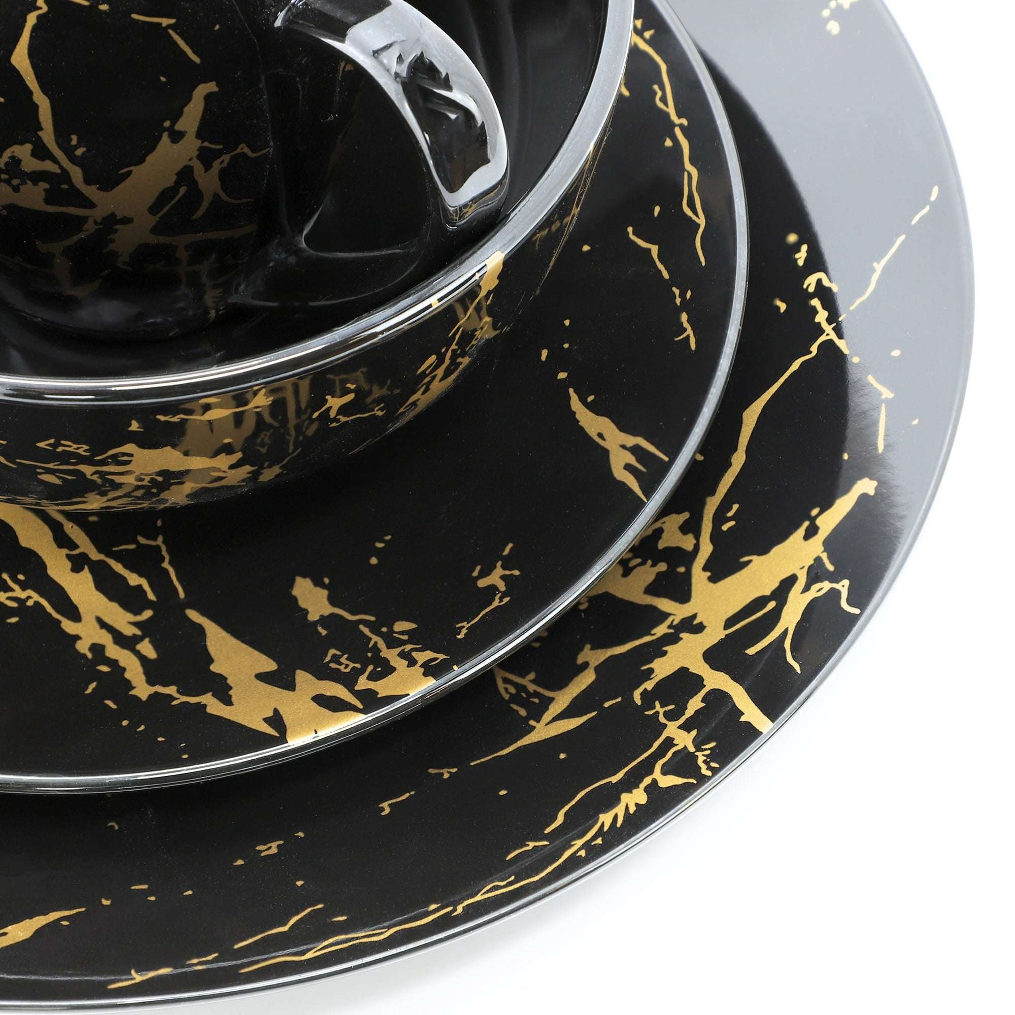 Elama Fine Marble 16 Piece Porcelain Dinnerware Set in Black with Gold Veins