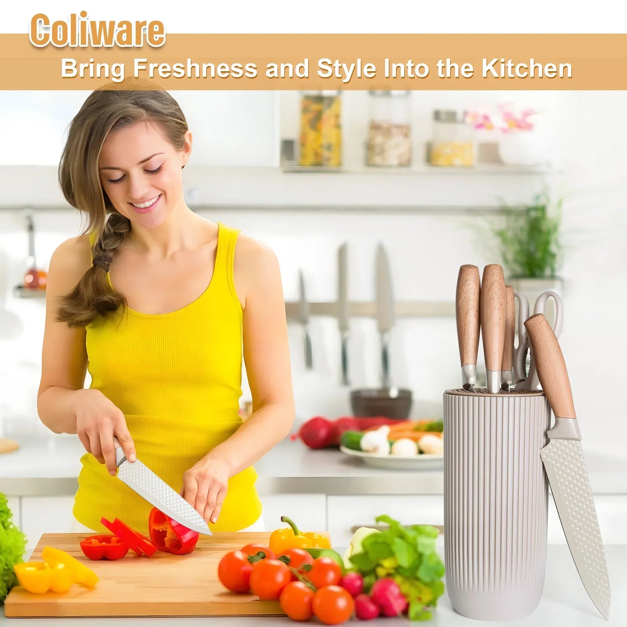 Joyfair Kitchen Knife Set, 7 Pcs Stainless Steel White Knives Block Set for Chef, Super Sharp Professional Knife Set with Universal Knife Block for Home Restaurant, Non-Stick & Anti-Rust - USA MEGA SHOP