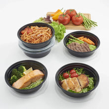 Set of round 1L meal prep containers with snap-on lids, filled with mixed prepared foods.