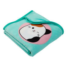 Folded teal kids fleece throw blanket with large animal face graphic patch