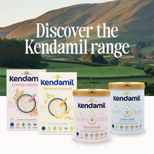 Kendamil range promotional graphic showing multiple infant formula canisters and boxes