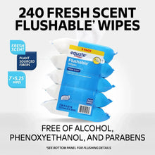 Fresh scent flushable wipes 240 count, blue-and-white pack with plant-based fiber icons