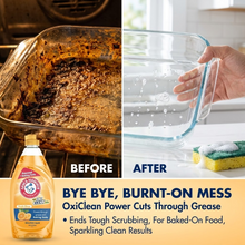 Arm & Hammer OxiClean ultra dish liquid soap bottle with clean glass after washing