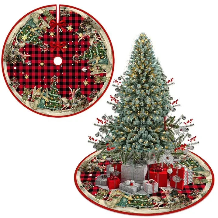 Christmas Tree Skirt, New Year Xmas Deco, 48 Inches Large Christmas Tree Skirts Snowflake Red and Black Plaid Stamp for Christmas Tree Decorations - USA MEGA SHOP