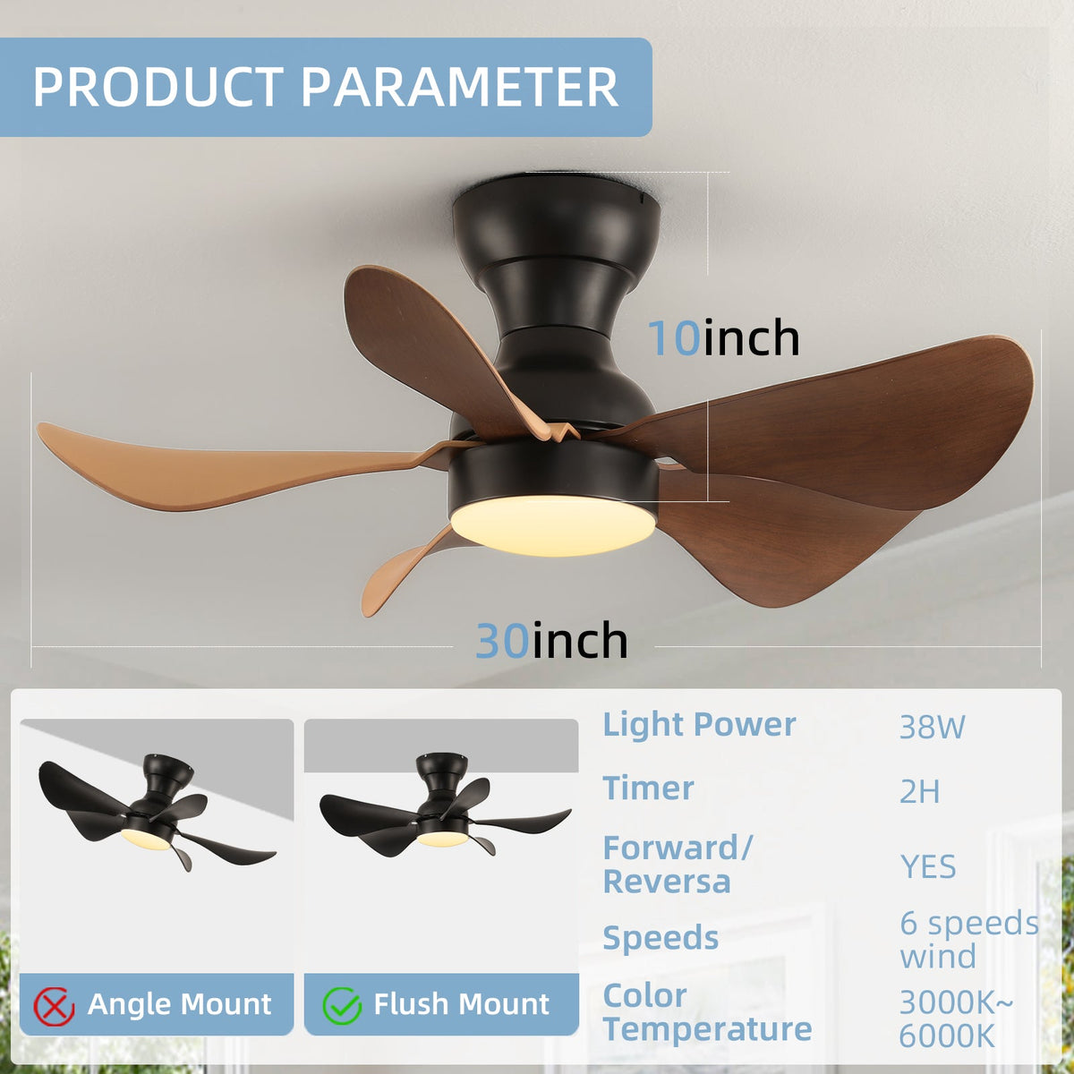 30 Inch Indoor Ceiling Fan with Light and Remote, Ceiling Fans with 5 Blades, 6-Speeds, 3 Colors for Farmhouse, Living Room, Bedroom