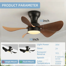 Indoor ceiling fan with light, black housing, five brown blades and glowing light