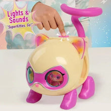 Cream cat copter with purple propeller and large eye panel, with hand pressing