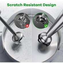 Immersion blender head shown over bowl, stainless steel shaft and black handle