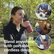 Woman holding a portable blender with berry smoothie and sip-through travel lid outdoors
