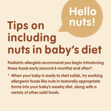 Happy Baby Nutty Blends tips card on introducing nuts into a baby's diet