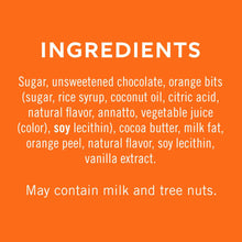 Orange ingredient panel with ingredient list on chocolate bar packaging