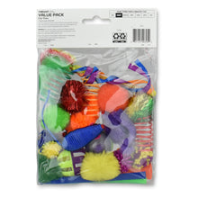 24-piece cat toy value pack with multicolor plush and spring toys inside the bag.