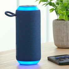 Navy portable Bluetooth speaker with blue LED base and side handle