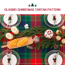 Plaid Christmas tablecloth in green, red, and navy with checkered pattern