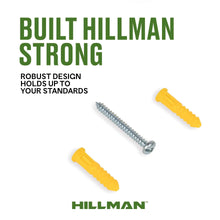 Hillman ribbed anchor screws with yellow plastic anchors and silver steel screws, pictured individually