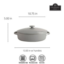 Gray covered stoneware casserole with domed lid and curved side handles