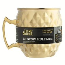 Gold stainless steel Moscow mule mug with printed label band and curved handle
