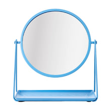 Blue round tabletop mirror with metal tray and side support legs
