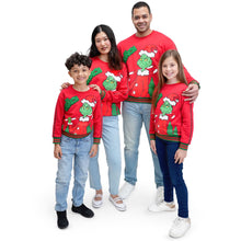 Kids red crewneck sweatshirt with Grinch and Santa hat front print, ribbed hem