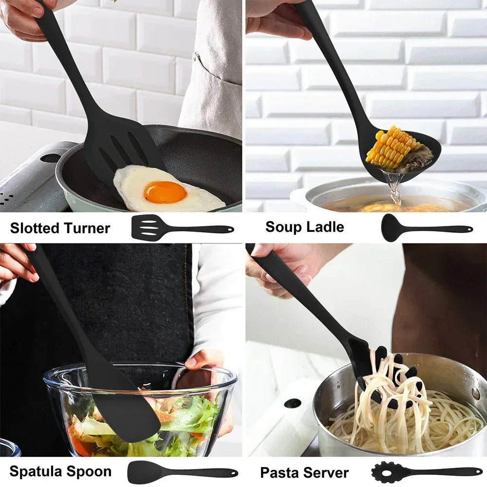 Walchoice 14 Pcs Cooking Utensils Set with Holder, Heat Resistant Silicone Kitchen Cookware Utensils Set, Kitchen Cooking Tools Includes Spatula Spoon Turner Whisk Tong, Dishwasher safe, Black