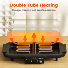 Electric smokeless grill underside showing double heating tubes with glowing orange heat.
