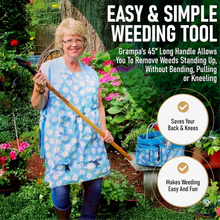 Weeding tool with long bamboo handle and black 4-claw steel head
