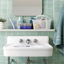 White frosted plastic shower caddy with handle holding toiletries and bottles