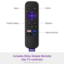 Black Roku remote with directional pad, OK button, and shortcut app buttons