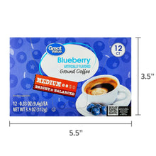 Great Value blueberry ground coffee pods, 12-count box with pod and cup graphic