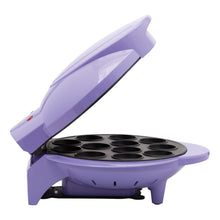 Lavender electric cake pop maker open to reveal round nonstick mold cups