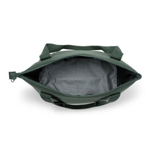 Forest green open-top soft cooler tote showing gray insulated interior lining