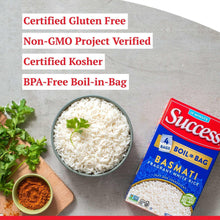 Success basmati boil-in-bag rice box with bowl of cooked rice and gluten-free claims
