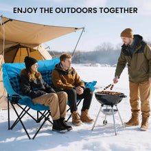 Blue plaid extra-padded double camping loveseat with folding legs and wide armrests.