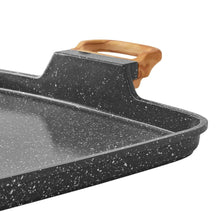 Charcoal speckle double griddle with wooden handle and ridged cooking surface