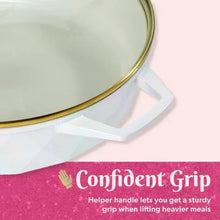 Iridescent white cooker body with angled side handle and rim