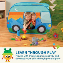 Blue camper van pop-up tent with two children and scattered play tools