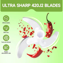 Manual food chopper blade assembly, green-ring transparent bowl and cutting blades