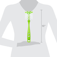 Green bottle and nipple brush with white bristle head, shown with 10 inch length
