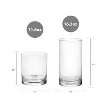 Capacity diagram for clear tumblers: 11.6 oz short and 16.3 oz tall, with height.