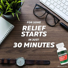 Excedrin Migraine Relief bottle with caplets beside watch and glasses