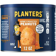 PLANTERS honey roasted peanuts canister front with cartoon character and 12 oz text