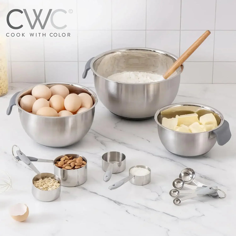 COOK WITH COLOR Stainless Steel Mixing Bowls Set and Measuring Cups- Nesting Bowls with Non-Slip Bottom and Easy-Grip Handles, 11 Pieces - USA MEGA SHOP