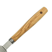 Olivewood handle with stamped measurement markings attached to stainless cup