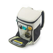 Beige soft cooler backpack with front organizer pocket, lime trim, shoulder straps